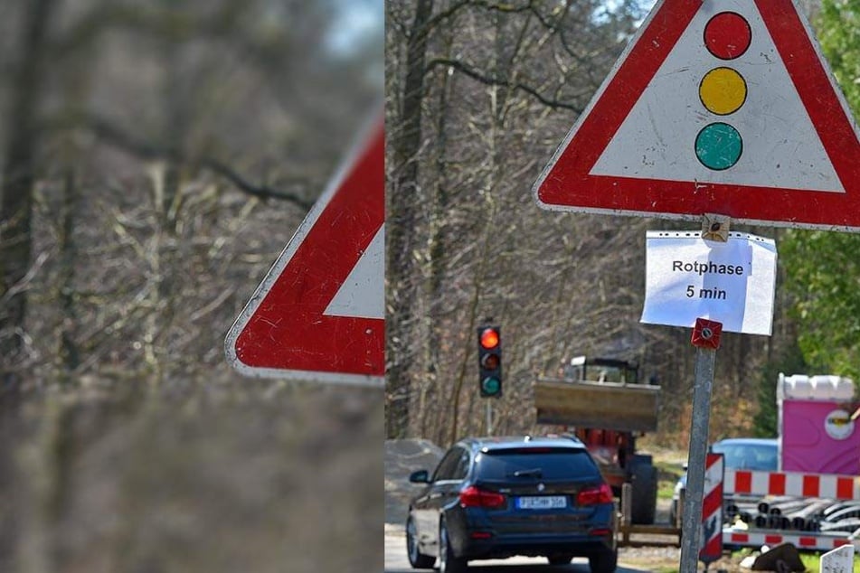 "Rotphase 5 min" - so warnte ein Aushang an der Gänsefuß-Ampel! „Damit Autofahrer nicht denken, dass die Ampel kaputt ist“, erklärte ein Arbeiter.
