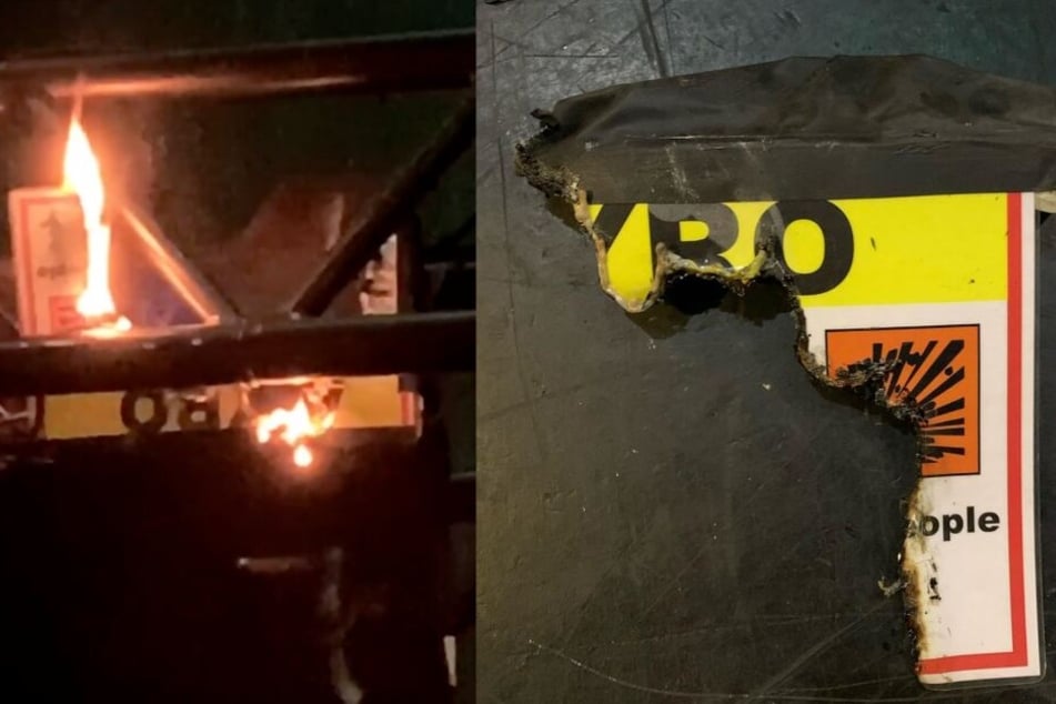 Ausgerechnet das "Vorsicht, Pyro"-Schild brannte plötzlich lichterloh.