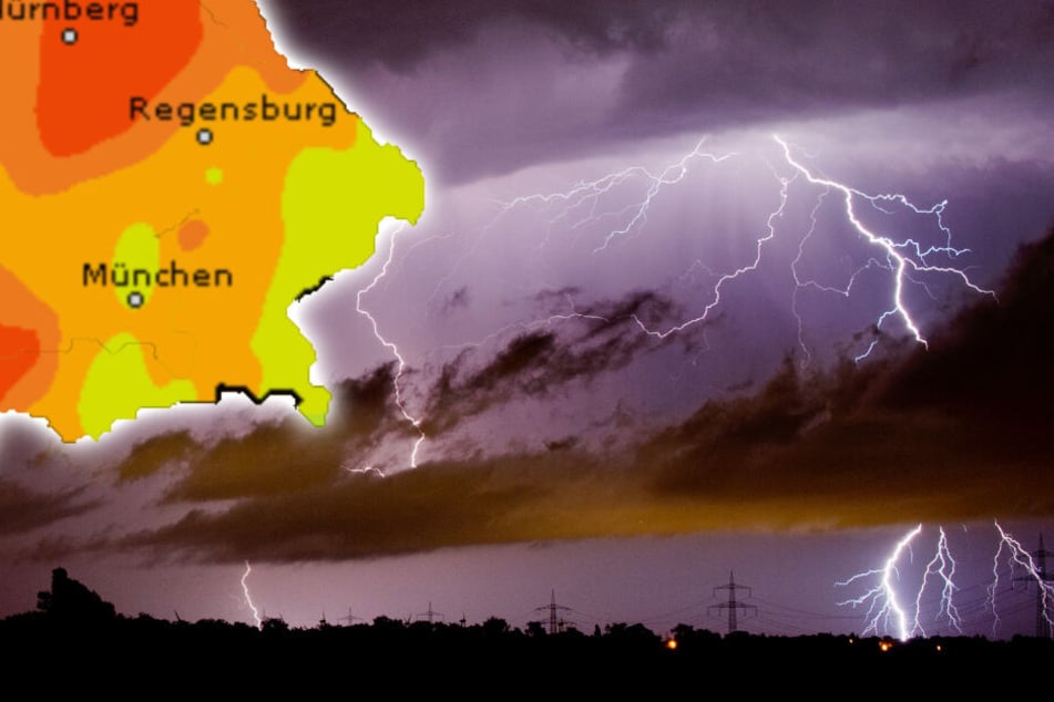In weiten Teile Bayerns kann es am Pfingstmontag zu heftigen Gewittern kommen. (Bildmontage)