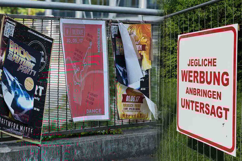 Ein Schild weist deutlich darauf hin, dass das unrechtmäßige Anbringen von Werbung verboten ist.