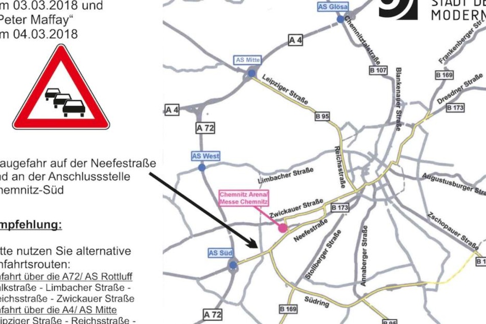 Die Stadt Chemnitz warnt vor Staugefahr im Bereich der Messe/Chemnitz-Arena.