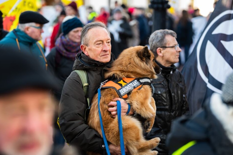 Bei der Demonstration gegen die Brennelementefabrik Lingen trägt einer der Atomkraftgegner seinen Hund, der ein Hundegeschirr mit der Aufschrift "Demonstrant" trägt, auf dem Arm.