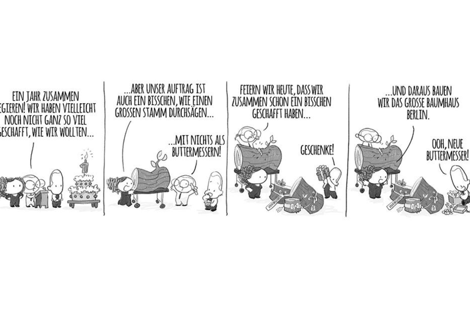 Zum einjährigen Jubiläum von Rot-Rot-Grün präsentierte der Berliner Senat einen selbstironischen Comic von Naomi Fearn.