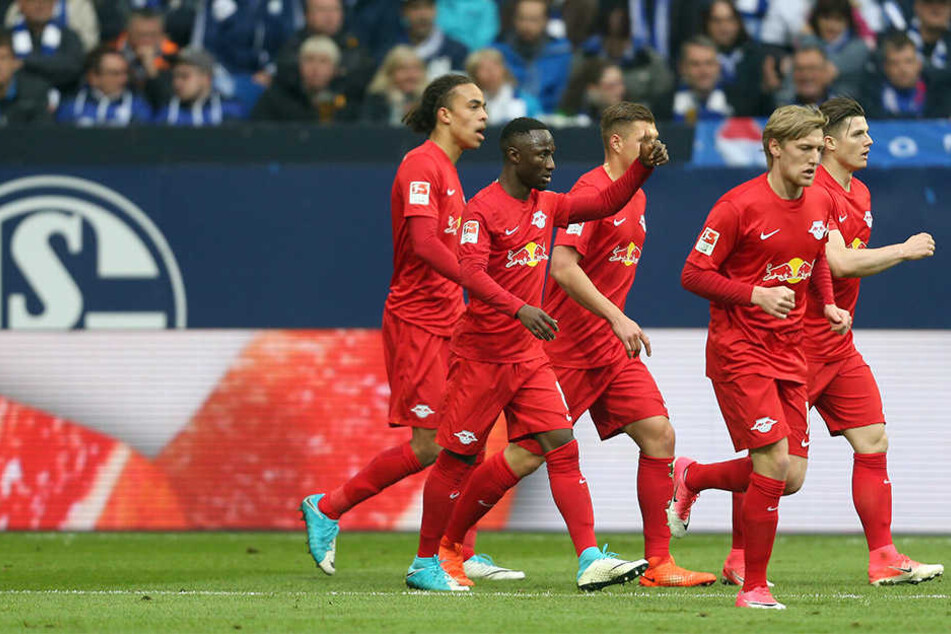 Yussuf Poulsen, Naby Keita, Willi Orban, Emil Forsberg und Marcel Sabitzer (v.l.n.r.) bejubeln die 1:0-Führung von Timo Werner. Am Ende reichte es nur zu einem 1:1.