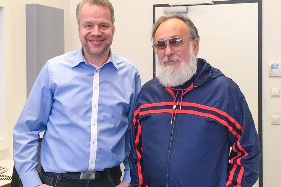 Jörg Adamczak (51) mit Werbe-Star Friedrich Liechtenstein (61).