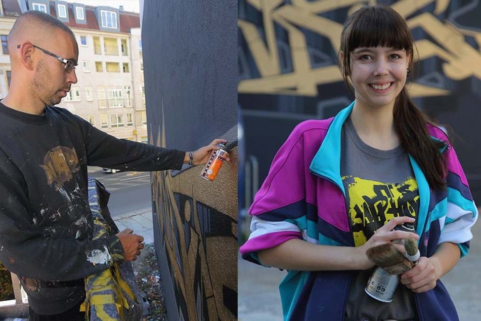 Rechts: Sebastian Girbig alias „Slider“ (41) ist Teil des Künstler-Kollektivs
„Bandits Dresden“. Links: Illustratorin Lisa Schilling (23) hat ebenfalls kreative Ideen für die
Wandgestaltung geliefert.