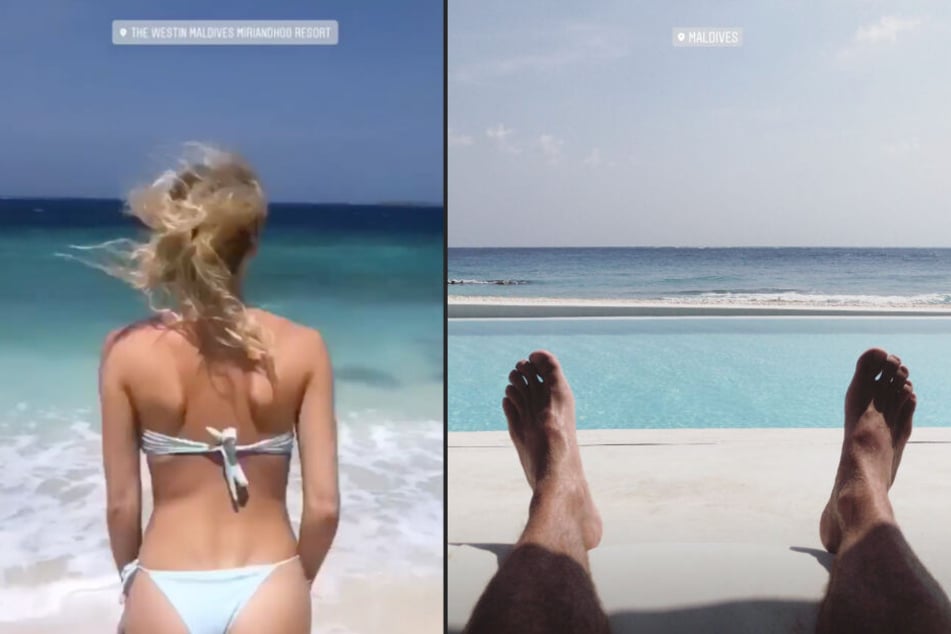 Lena Gercke und Dustin Schöne veröffentlichten in ihren Instagram-Storys zur gleichen Zeit Bilder, die auf den Malediven gemacht wurden. (Bildmontage)