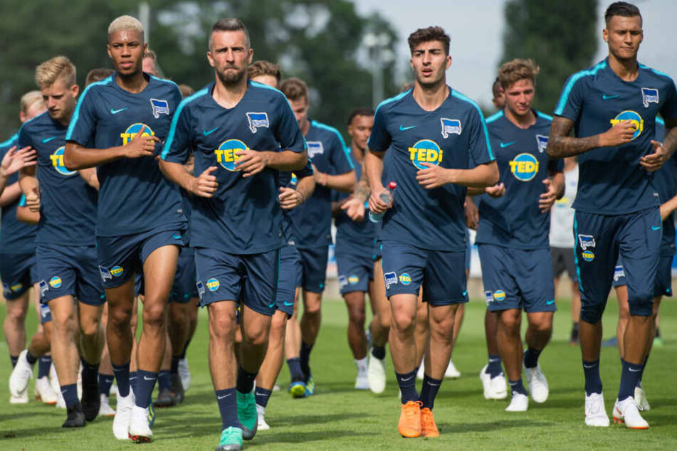 Vedad Ibisevic (2.vl) läuft mit seinen Spielerkollegen Sidney Friede (l), Muhammed Kiprit (3.vr), Niklas Stark (2vr) und Davie Selke (r) auf dem Platz.