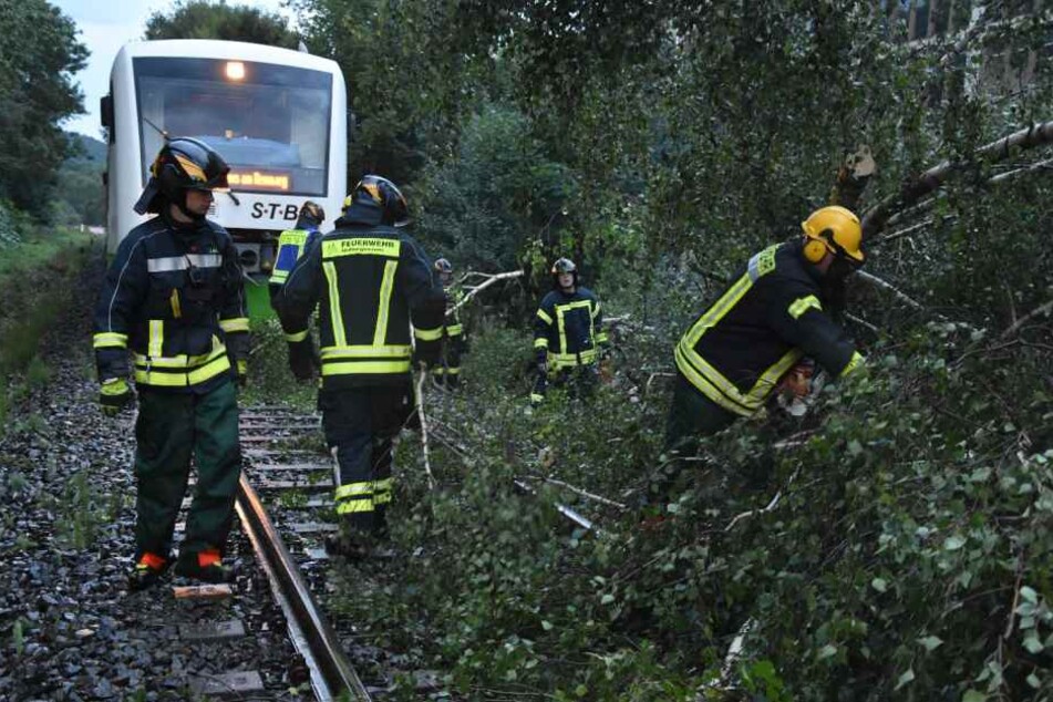 Feuerwehrleute räumen auf der Strecke zwischen Hildburghausen und Heßberg nach einem Gewitter Äste von einer Bahnstrecke.