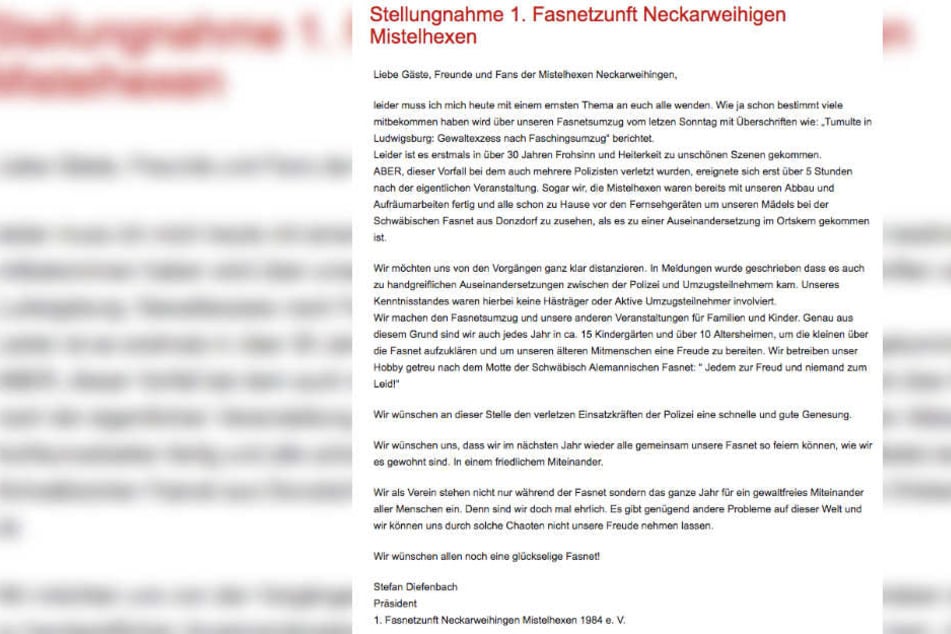 In einer Stellungnahme distanzierte sich die Fastnet-Zunft Mistelhexen von dem Vorfall am Sonntagabend.