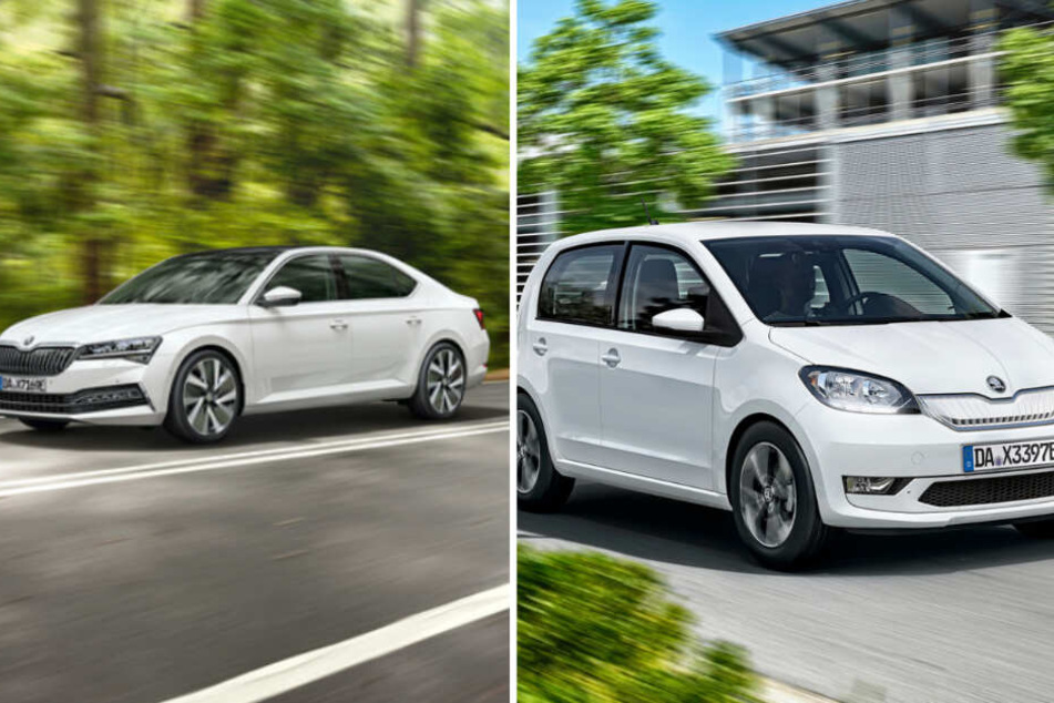 Links: der ŠKODA SUPERB iV als Limousine, rechts: ŠKODA CITIGOᵉ iV