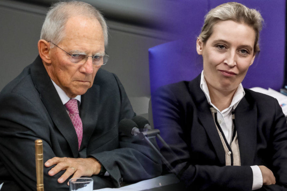 Wolfgang Schäuble und die AfD-Spitzenpolitikerin Alice Weidel lauschen der Debatte im Bundestag. (Bildmontage)