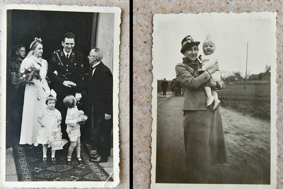 1937 heiratete Lisbeth ihren Fritz in der Dresdner Matthäuskirche (li.). Und rechts Lisbeth mit ihrem Sohn Dietrich.