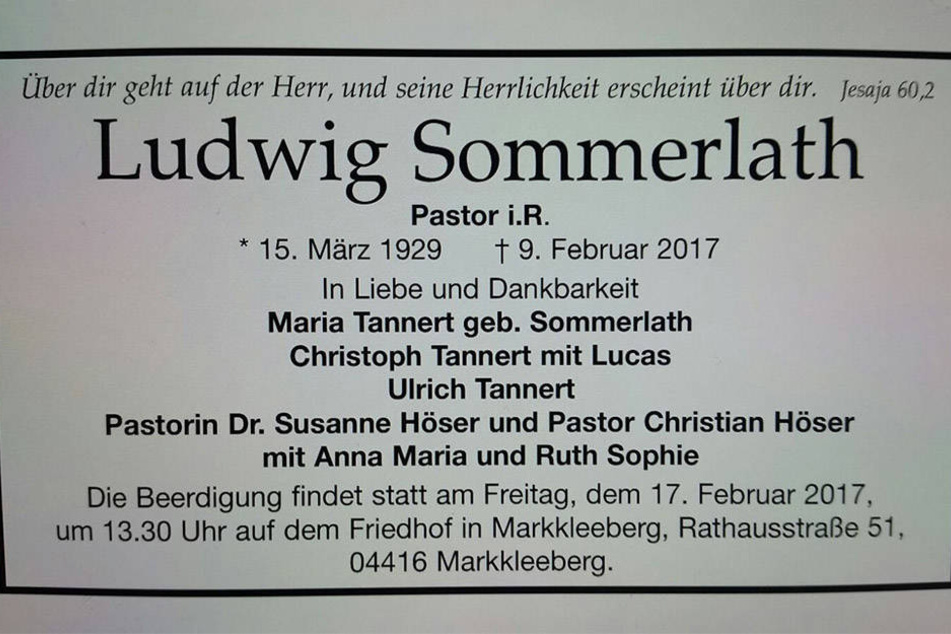 Die Todesanzeige Ludwig Sommerlaths. Er war am 9. Februar in Glauchau verstorben.