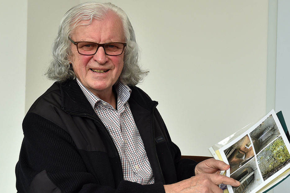 Herman Häse (76) mit Plänen für seine Lochmühle. In der Freizeit spielt der frühere Hoteldirektor Saxophon.