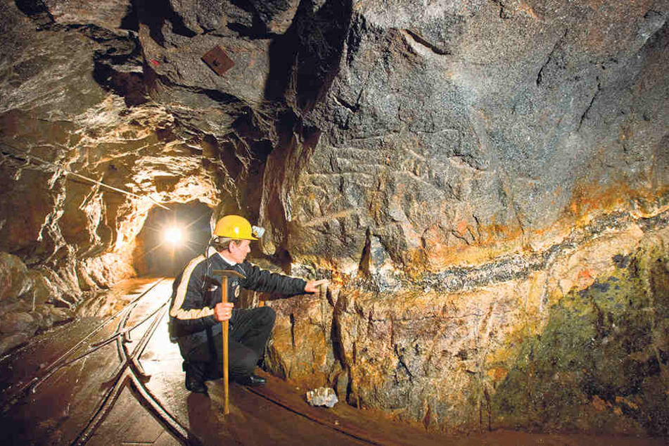 So zieht sich Zinnwaldit durch den Berg (gr.F.). Armin Müller (im Kreis), früher Chef der Solarworld-Tochter Solicium, heute Chef der Deutsche Lithium.