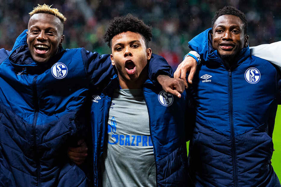 Schalkes Torschütze Weston McKennie (Mitte) bejubelt mit seinen Teamkollegen Hamza Mendyl (l.)und Abdul Rahman Baba (r.) den wichtigen Auswärtssieg bei Lokomotive Moskau.