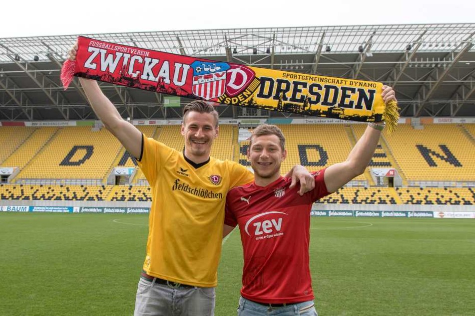 Dynamos Torjäger Stefan Kutschke
(l.) und Zwickaus Ex-Dynamo Robert Koch rührten schon
kräftig die Werbetrommel.