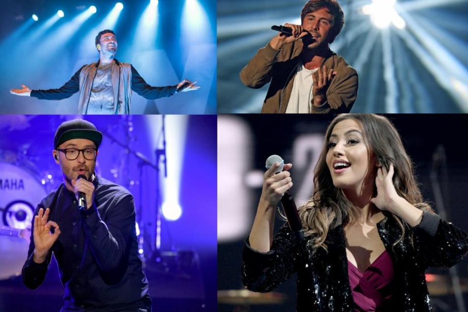 Die Musiker Materia (36, o.l.), Max Giesinger (30, o.r.), Mark Forster (34) und Namika (27) sind für den Musikpreis "1Live Krone 2018" nominiert.