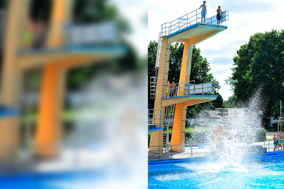 Der Sprungturm im Pöblitzer 04-Bad. Dort wird am Sonntag der neue Arschbomben-Champion gesucht.