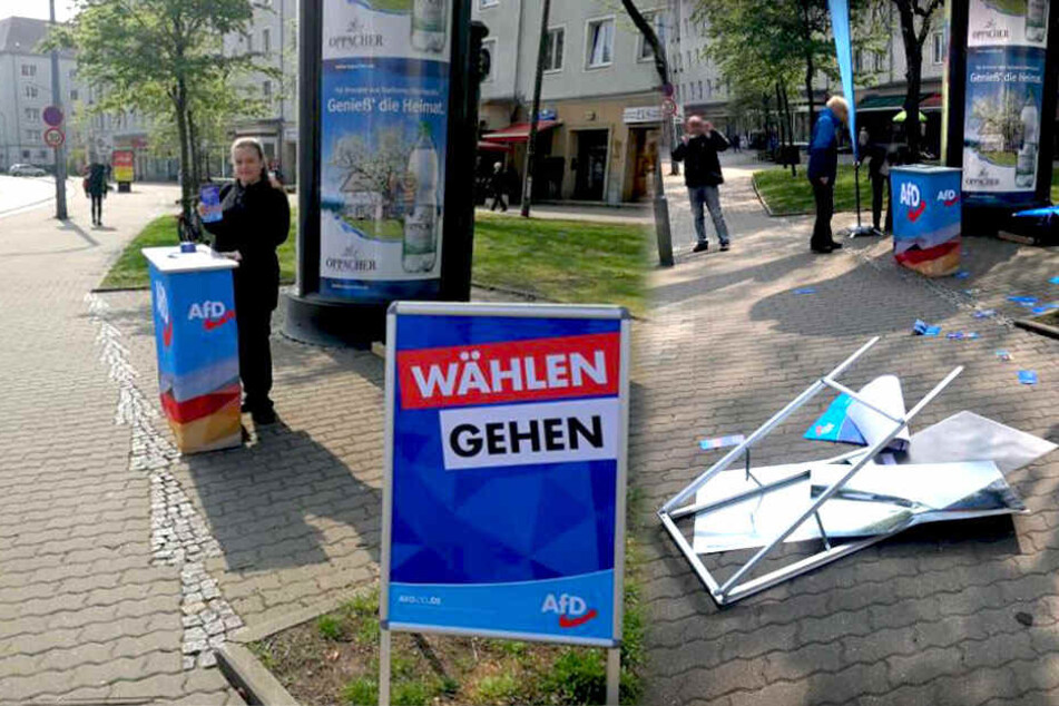Vorher-Nachher-Foto: Eine Betreiberin am Wahlinformationsstand der Alternative für Deutschland (links) und der Ort des Geschehens nach der Sachbeschädigung (rechts).