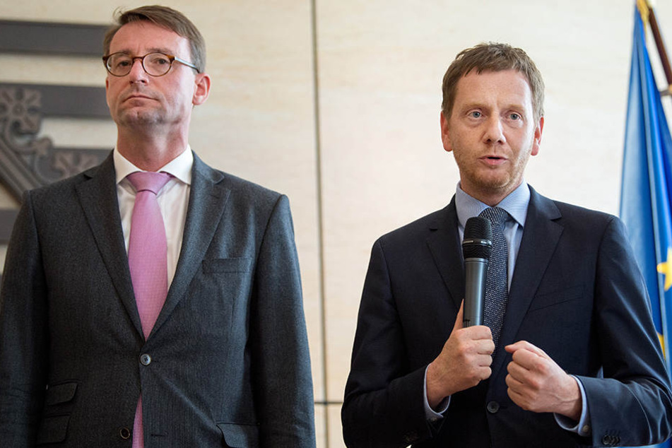 Sachsens Ministerpräsident Michael Kretschmer (CDU, re) und Roland Wöller (CDU), Innenminister von Sachsen, äußerten sich im Mai zum Thema Ankerzentren für Flüchtlinge.