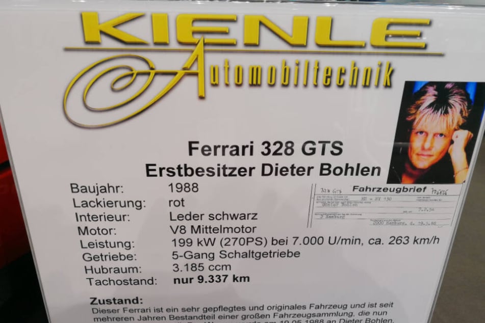 Der Ferrari 328 GTS, erstmalig zugelassen auf Dieter Bohlen im Mai 1988, wird von Kienle Automobiltechnik auf der "Retro Classics" zum Verkauf angeboten.