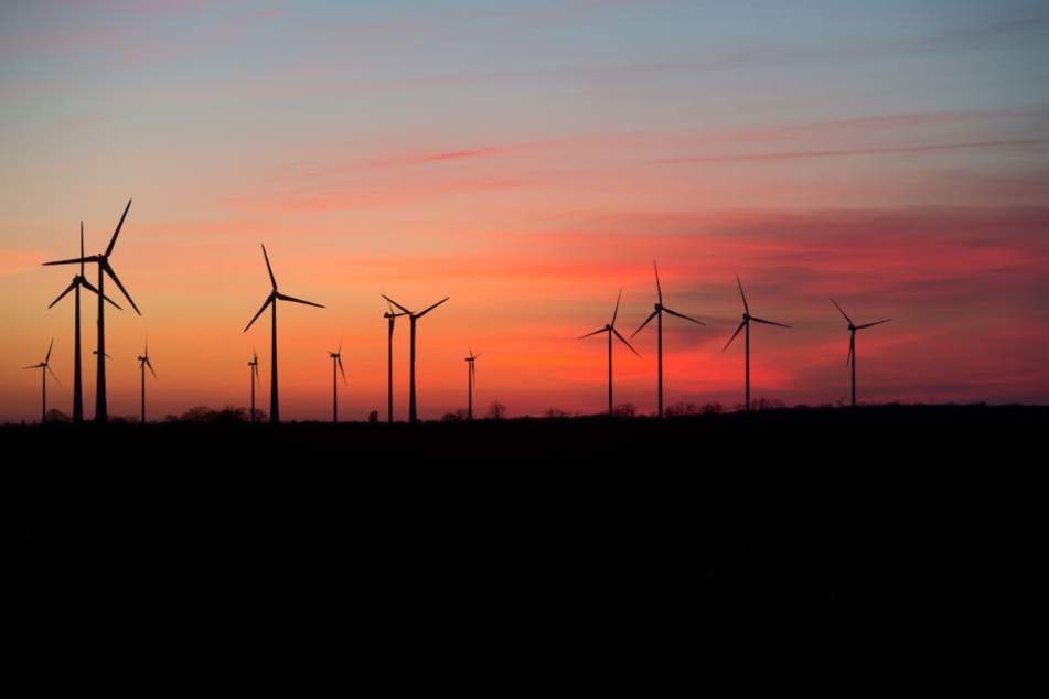 Windräder zeichnen sich vor der untergehenden Sonne im Landkreis Vorpommern-Greifswald ab. Der Landesverband Erneuerbare Energien fordert deutlich mehr Tempo beim Ausbau der Windkraftnutzung in Mecklenburg-Vorpommern.