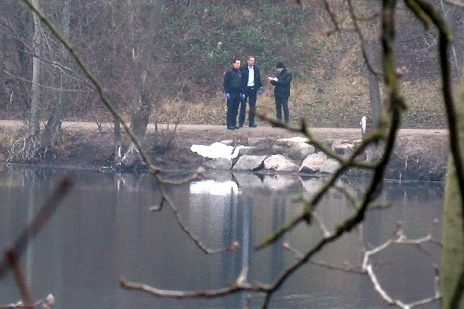 Ermittler am Freitag am Pfingstbergweiher. Dort wurde das Baby gefunden.