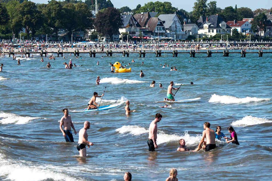 Bei herrlichem Sommerwetter baden Urlauber und Einheimische bei Travemünde in der Ostsee.