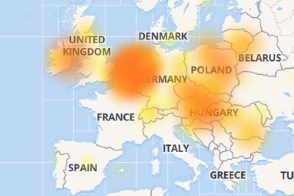 Die Karte von Downdetector.com zeigt in gelb und knallrot in welchen Regionen die Probleme auftreten.