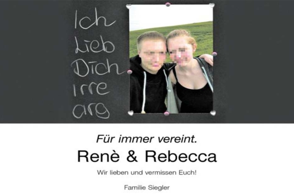 Diese emotionale Traueranzeige veröffentlichten die Eltern des Liebespaares Rebecca und René.