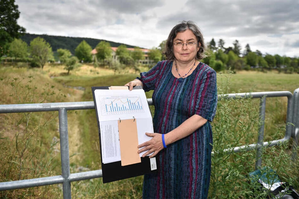 Umweltbürgermeisterin Eva Jähnigen (53, Grüne) zeigt ein Niederschlagsdiagramm für Dresden.