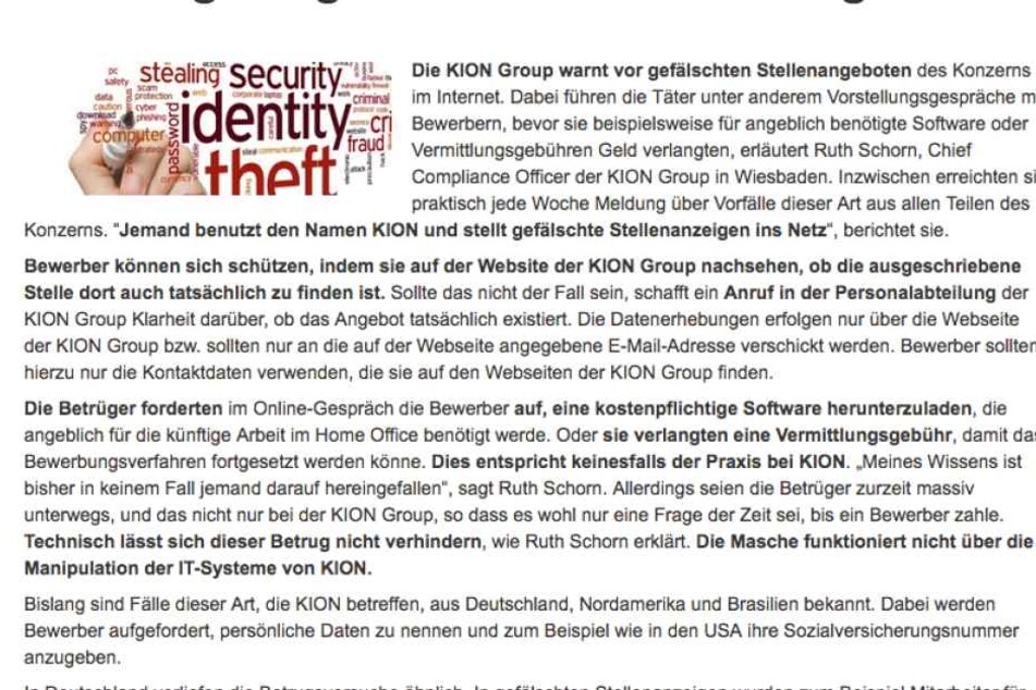 So warnt die Kion-Group vor gefälschten Stellenanzeigen.
