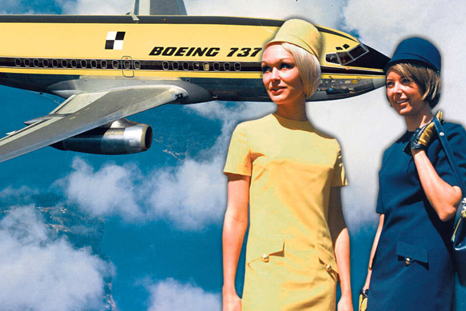 Mit dem Flieger begann auch eine neue Ära für die Lufthansa-Stewardessen, die
ab 1970 diese blauen und gelben Kostüme erhielten.