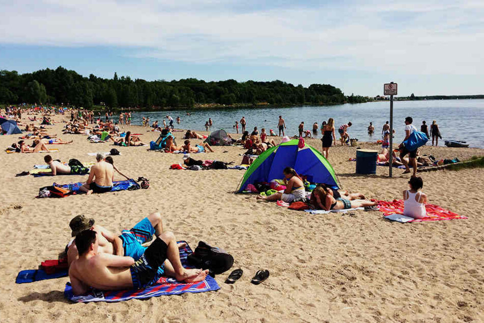 Badende am Cospudener See. Das Gewässer ist künstlich angelegt und entstand aus einem Tagebaurestloch, das geflutet wurde.