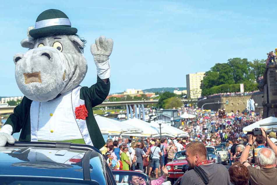 Der Liebling des Festivals - Maskottchen Dixie - winkt bei der großen Parade
über das Terrassenufer tausenden Zuschauern.