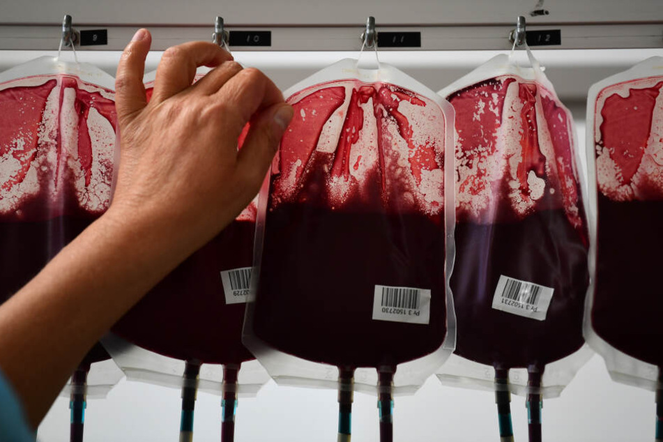 Eine Mitarbeiterin der Blutbank überprüft Beutel mit Blut.