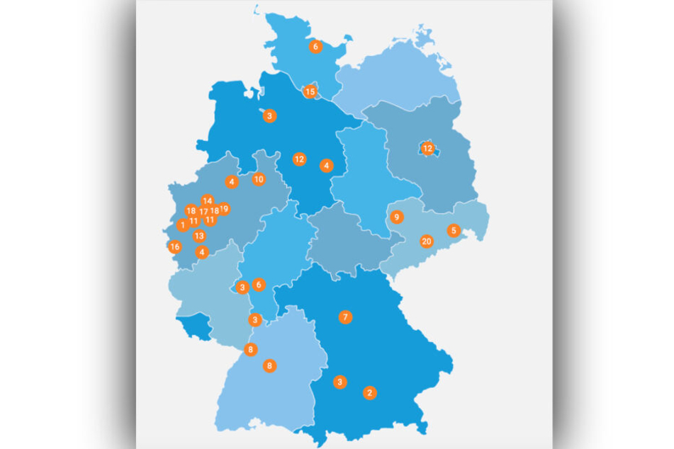 Diese Deutschlandkarte zeigt die Ergebnisse der Ergebung: Mönchengladbach liegt auf Platz 1 der familienfreundlichsten Städte, Chemnitz auf Platz 20.