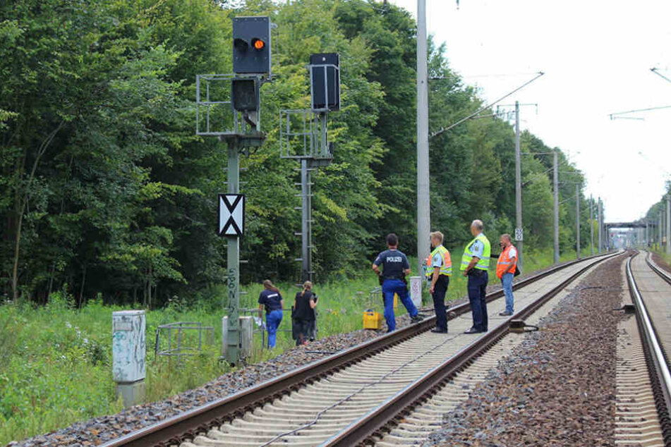 Mitarbeiter der Bahn und der Polizei untersuchen am Gleisbett eine Signalanlage an der Bahnstrecke in der Nähe von Finkenkrug bei Berlin.