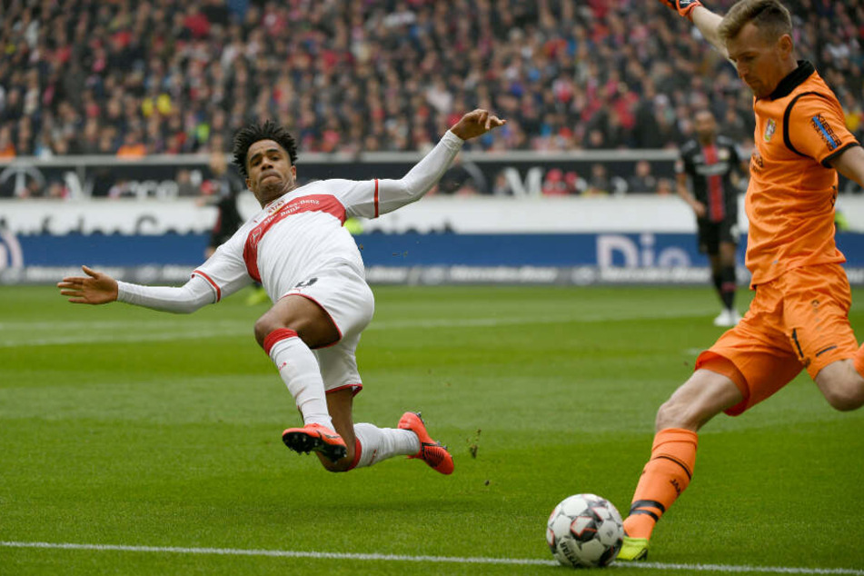 Im Anflug: VfB-Kreativspieler Daniel Didavi versucht Bayer-Keeper Lukas Hradecky zu blocken.