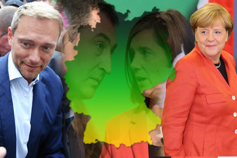 Regiert Angela Merkel (re.) bald mit Christian Lindner (li.), Cem Özdemir und Katrin Göring-Eckardt?