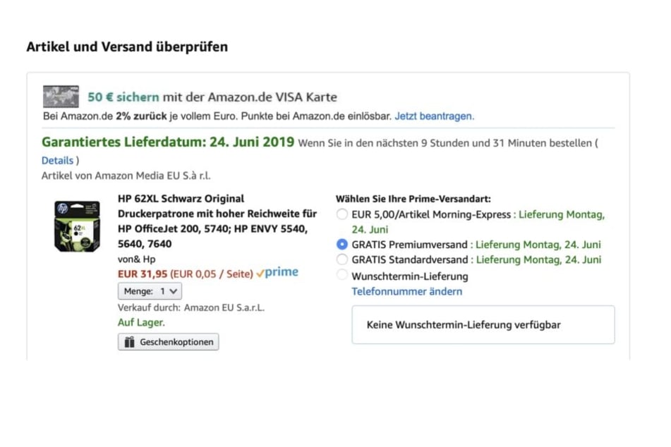 Hier auch deutlich zu erkennen. Egal für welche Lieferart man sich entscheidet, alles kommt am 24. Juni an.