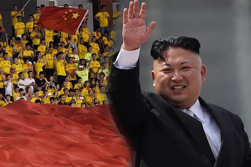 Nordkoreas Staatsoberhaupt Kim Jong Un winkt am 15.04.2017 in Pjöngjang (Nordkorea) während einer Militärparade (rechts). Links WM-Qualifikation, Syrien - China am 13.06.2017 in Malakka.