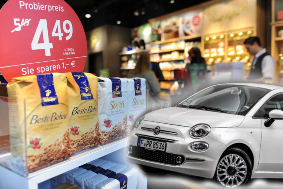 Tchibo verkauft seit langem in seinen "Wochenwelten" nicht nur Kaffee, sondern allerlei. Ab Dienstag kann man auf der Internetseite auch günstig einen Fiat leasen. (Bildmontage)