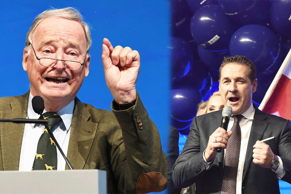 AfD-Vorsitzender Alexander Gauland (76) freut sich über den Wahlerfolg der FPÖ, rechts Kanzlerkandidat Heinz-Christian Strache (48).