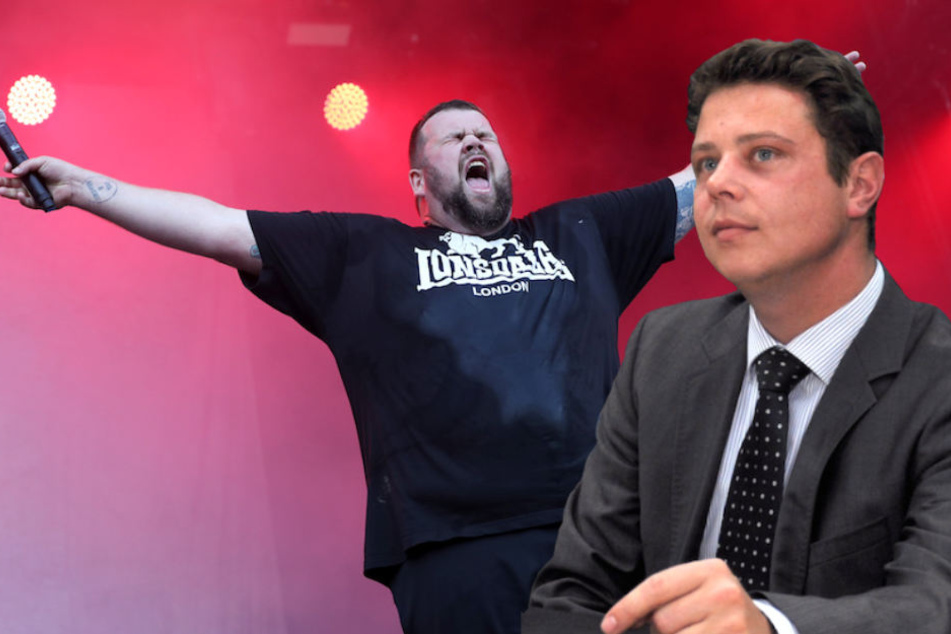 "Feine Sahne"-Sänger Jan Grokow (31) auf der Bühne: Festival-Besucher sollen AfD-Mann Stephan Reuken (33) verfolgt haben. (Bildmontage)