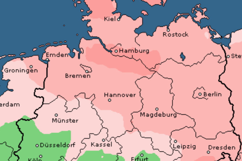 Die roten Flächen zeigen, wo es am Donnerstag besonders windig wird.
