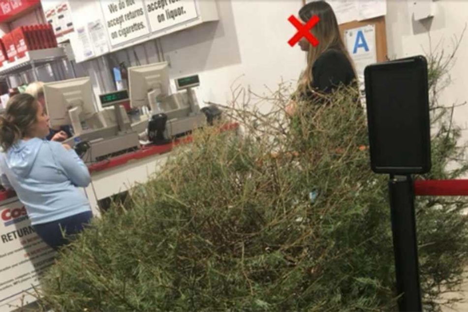 Die Frau steht mit dem vertrockneten Weihnachtsbaum am Serviceschalter.