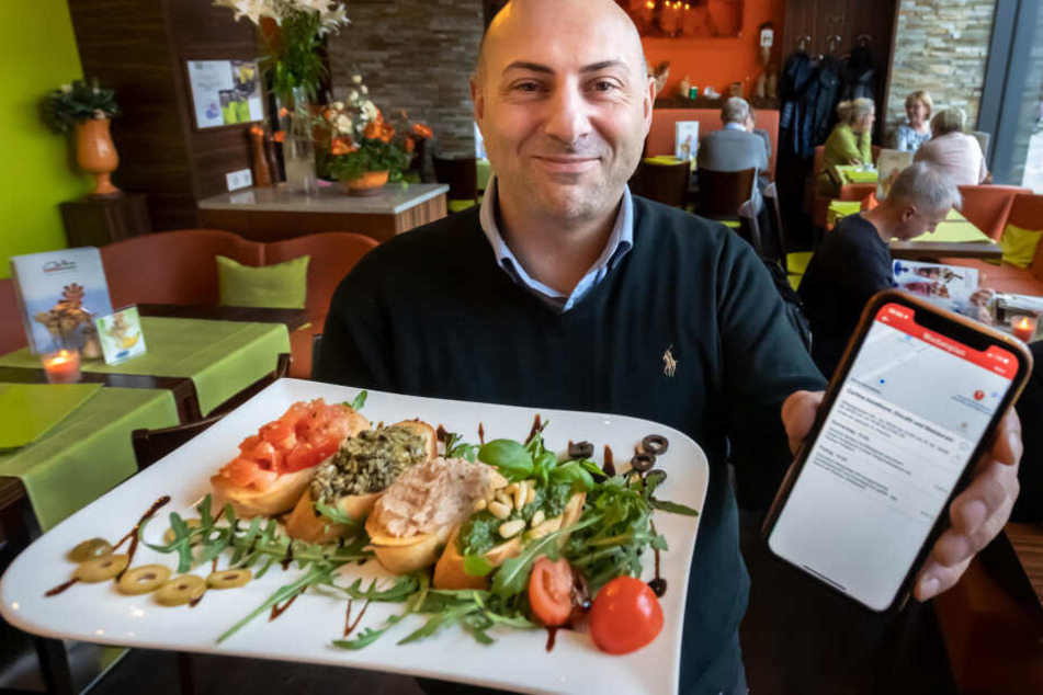 Gefunden in der "Speiseplan"-App: Cortina-Geschäftsführer Eric Serci (45) serviert "Quartett von der Bruschetta".